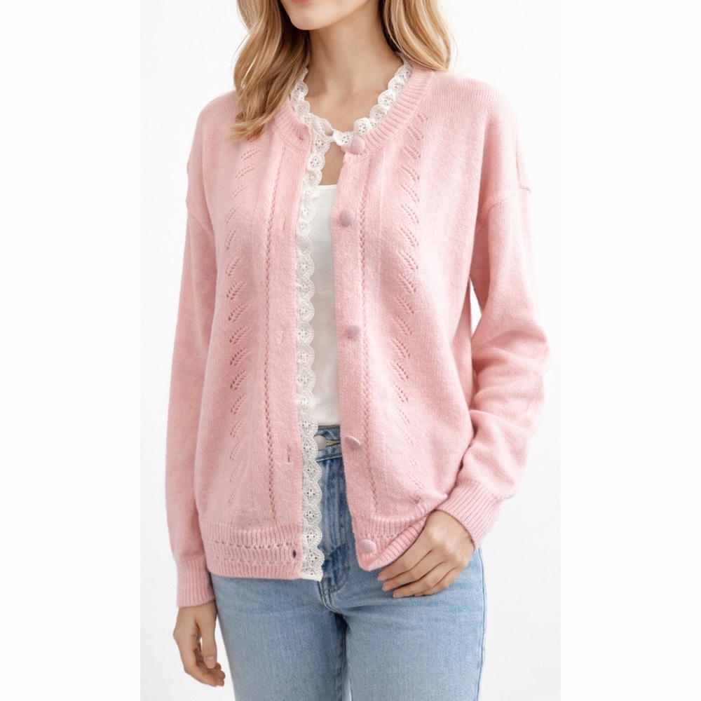 UnBranded • Delicate Heirloom Loom Pink Lace Trim Cardigan Sweater